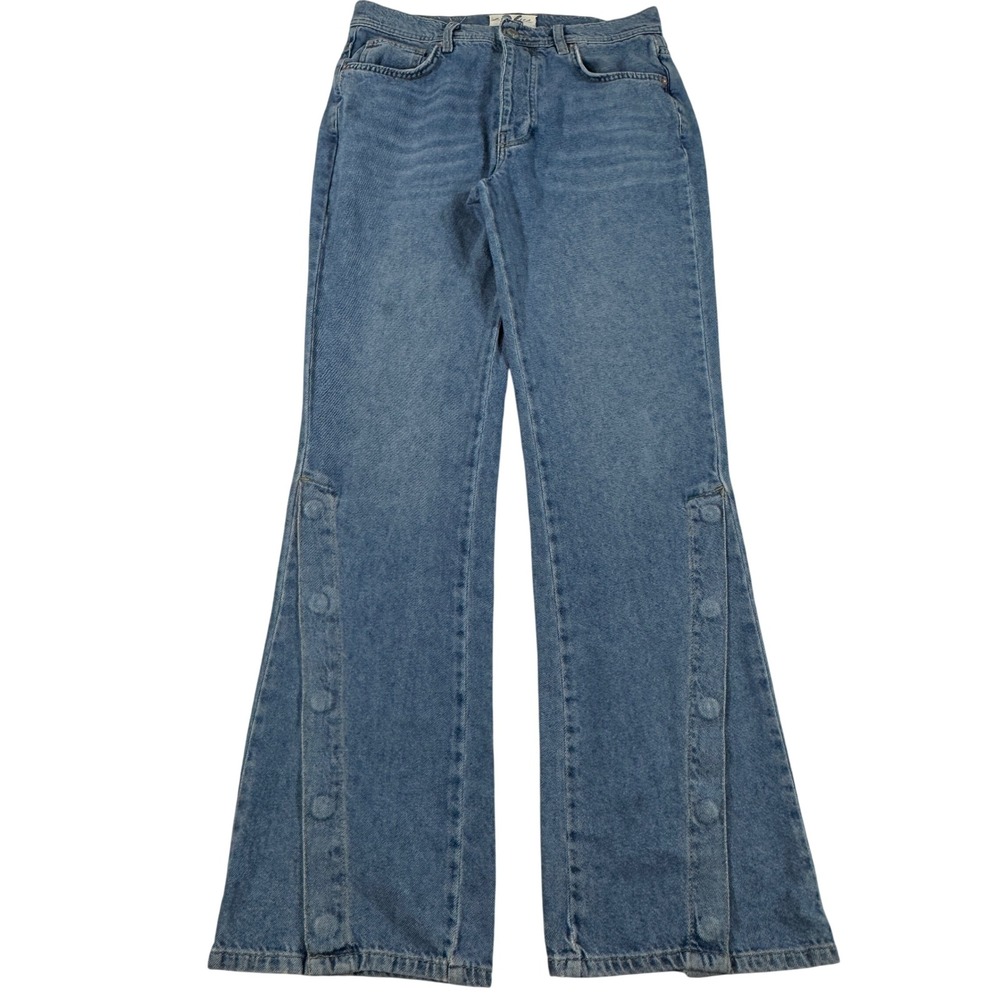 Y2K Free People Flare Jeans Blue Snap Button Leg Women's 26 Whimsical Boho Fairy